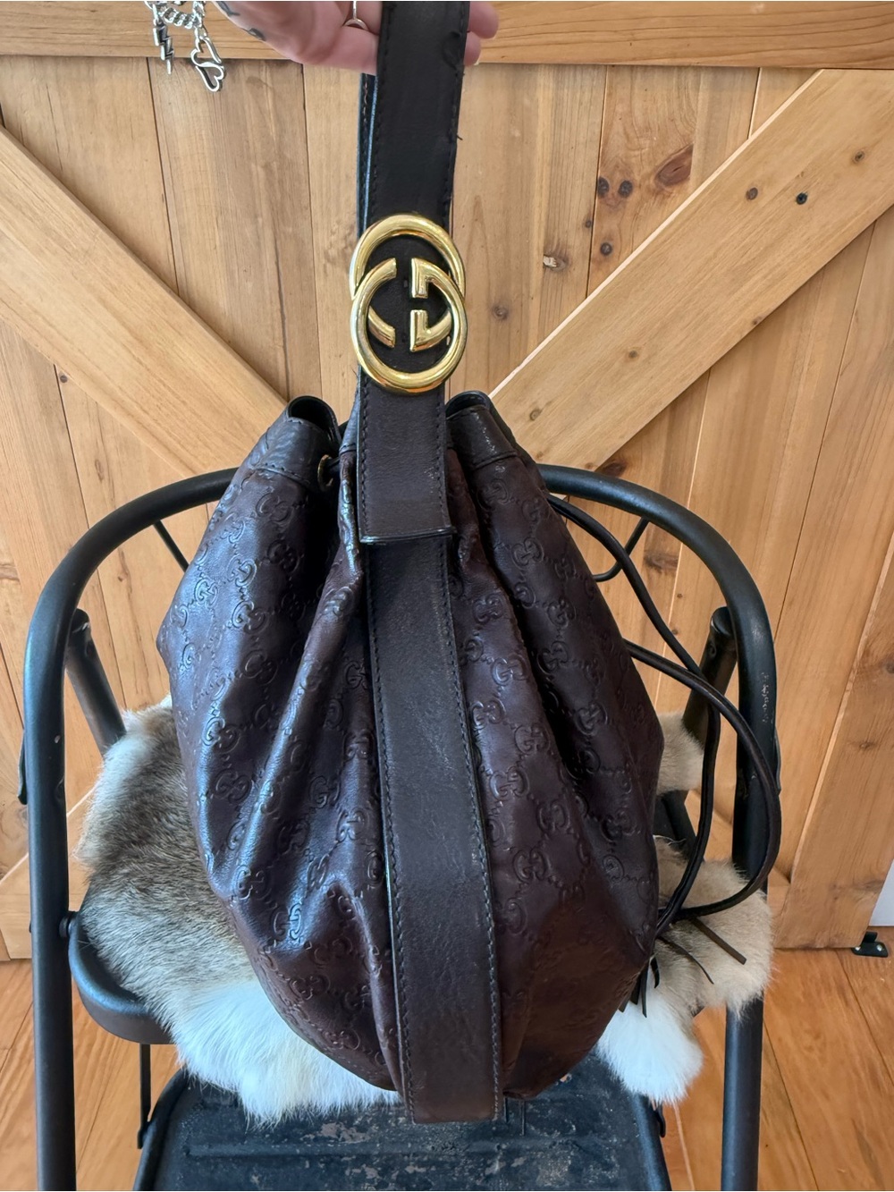 Gucci Dark Brown Embossed Leather Drawstring Hobo Bag - Picture 2 of 10